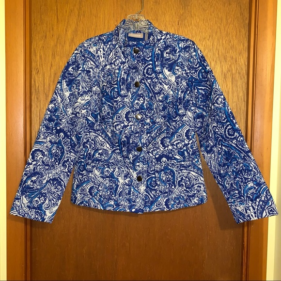 Women’s 0 (S / 4) CHICO’S Royal Blue White Paisley Light Spring Quilted Jacket - Picture 1 of 15